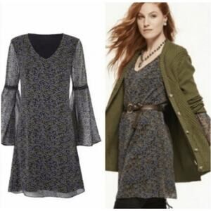 CAbi Poise Floral V-Neck Bell Sleeve Shift Dress Sz S